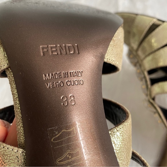 Fendi Gold Iridescent Leather Silver Studded Ankle Strap Sandals - Picture 7 of 9